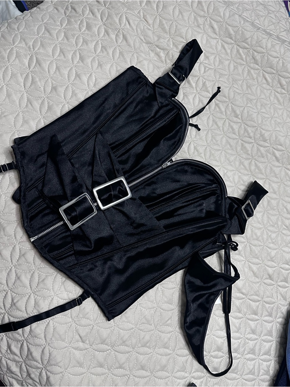 Black Satin Frederick’s of Hollywood Corset Top with Buckle Details
